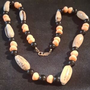 Frierich Black, Tan & Coral Peach Beaded Necklace 38 In Long.